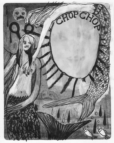 'Chop Chop' - mixed media artwork (relief ink, crayon, paint, pencil and india ink on paper)