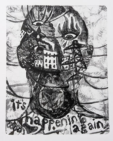 'It's Happening Again' - monotype - relief ink and pen details on paper